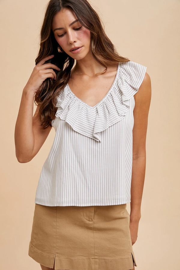 Pin stripe ruffled V neck blouse in white and gray vertical stripes