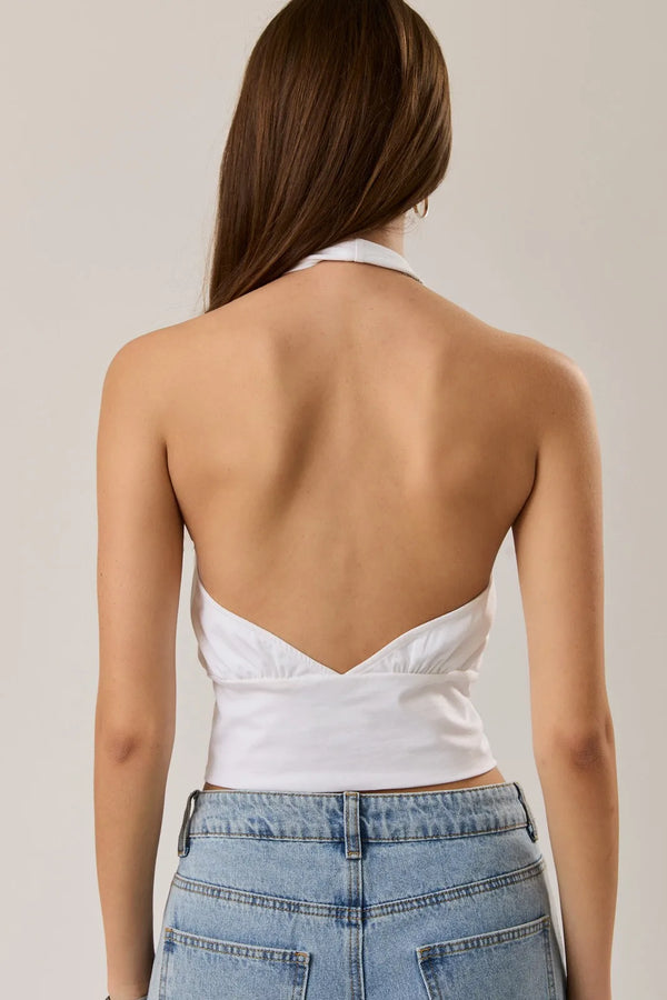 White neckline halter top with back cutout and ruched detailing from shop daisy women’s boho chic clothing collection