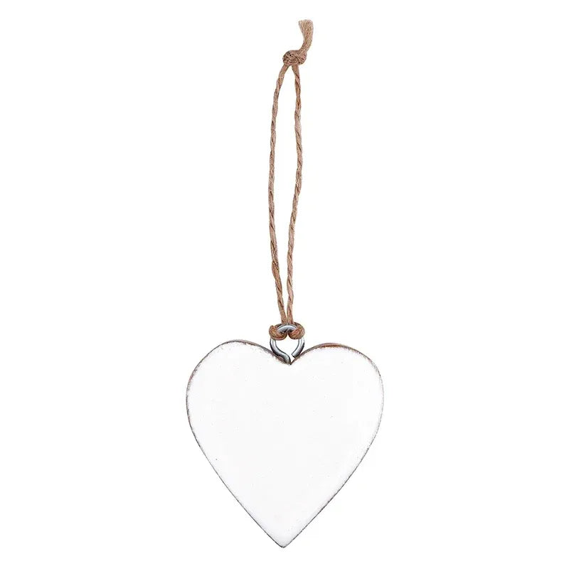 White enamel wood heart ornament with rustic distressed finish and natural twine loop for hanging decoration