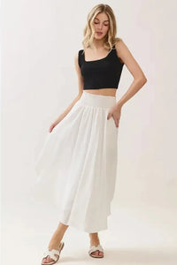 White smocked waistband lined rounded hem midi skirt, pleated design