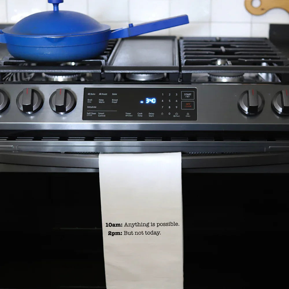 10AM 2PM Tea Towel: White Kitchen Towel with Black Text on Oven Handle
