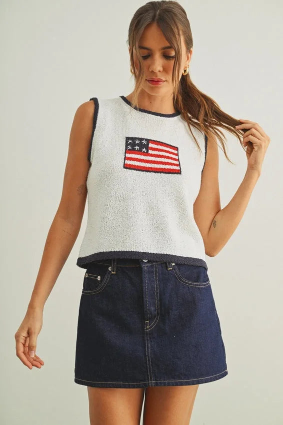 Contrasted piping flag knitted top with white knit, navy trim, American flag patch