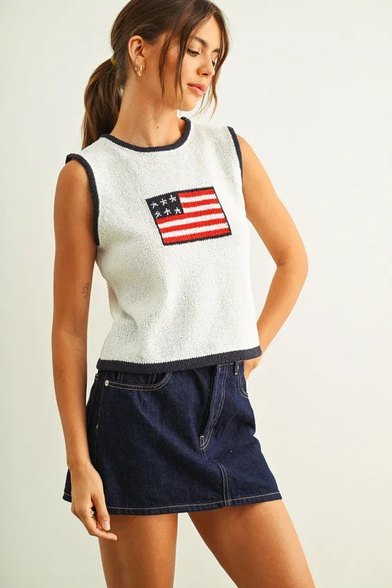 Contrasted piping flag knitted top with American flag patch