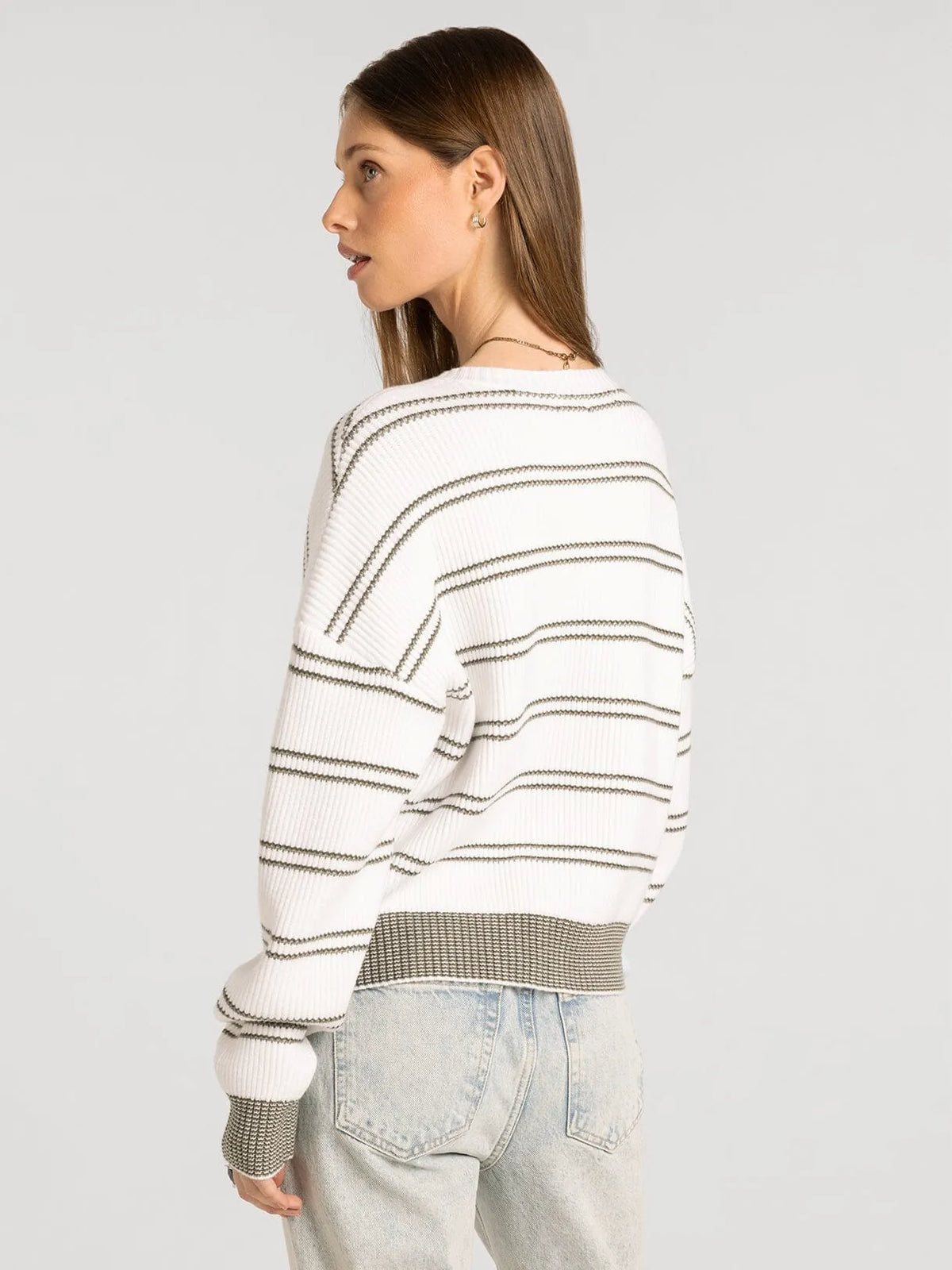 Thread & supply ely sweater white knit with black horizontal stripes and houndstooth waistband detail