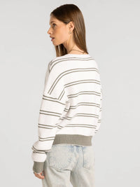 Thread & supply ely sweater white knit with black horizontal stripes and houndstooth waistband detail