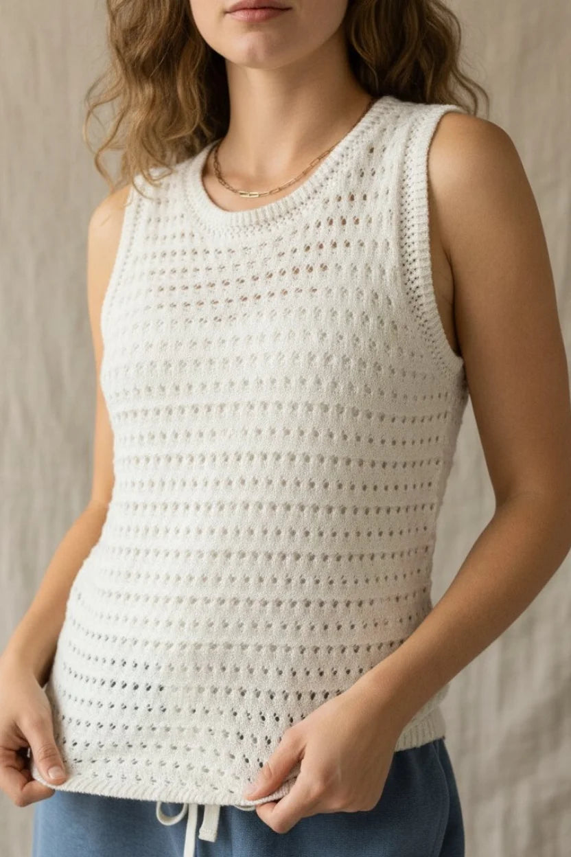 White crochet knit textured relaxed fit sleeveless tank back