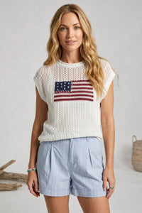 White knitted sleeveless top with embroidered usa flag design made from supply lightweight cotton knit material