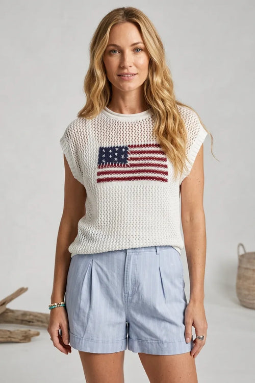 White knitted sleeveless top with embroidered usa flag design made from supply lightweight cotton knit material