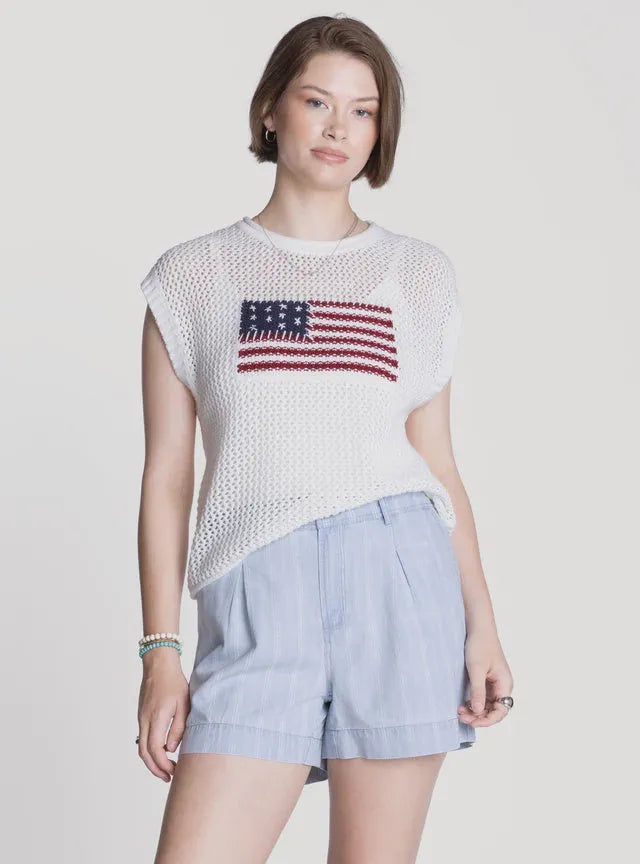 White knitted sleeveless top with embroidered usa flag design in red white and blue by thread and supply lightweight cotton knit
