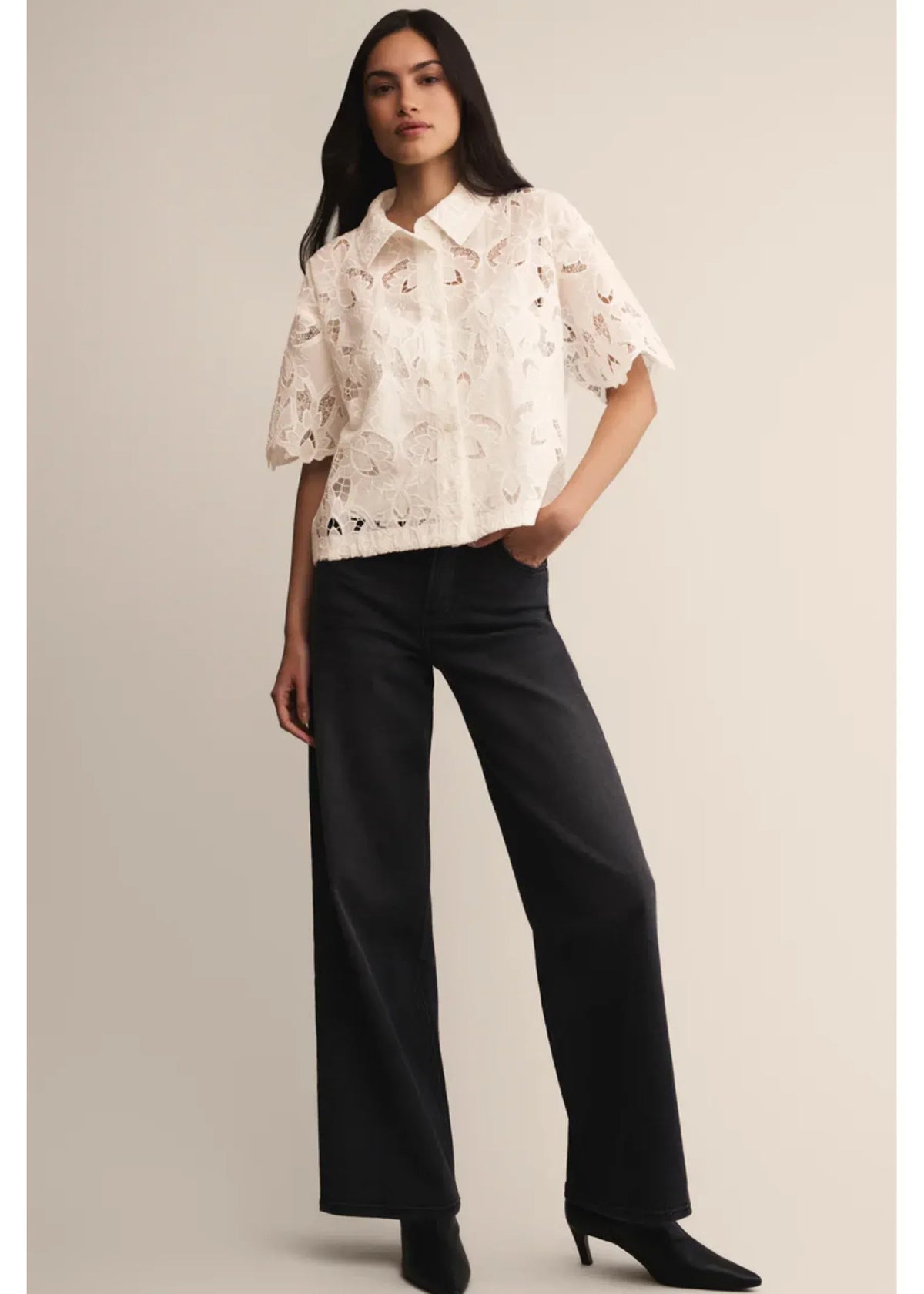 White lace midnight embroidered short sleeve top with collar and delicate gray butterfly embroidery