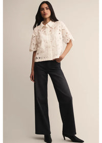 White lace midnight embroidered short sleeve top with collar and delicate gray butterfly embroidery