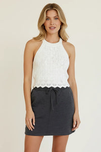 White lace halter top on Thread And Supply Timber mini skirt