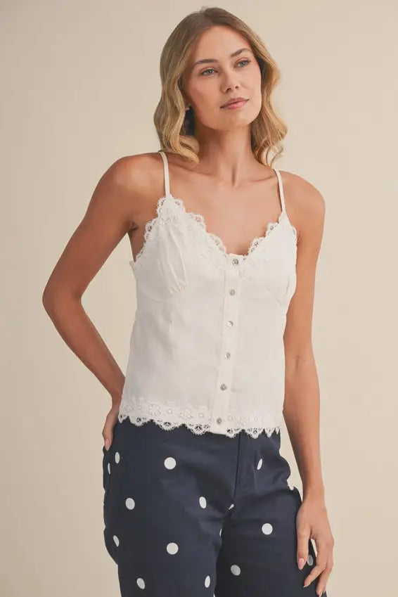 White lace-trimmed button-front ramie sleeveless top for women’s boho chic clothing shop daisy collection