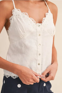 White ramie sleeveless button front camisole top with lace trim in women’s boho chic clothing from Shop Daisy