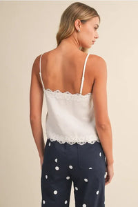 White lace-trimmed ramie sleeveless camisole top with thin spaghetti straps from shop daisy women’s boho chic clothing