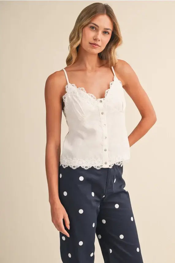 White ramie sleeveless button up front top with lace trim and delicate straps from shop daisy womens boho chic clothing