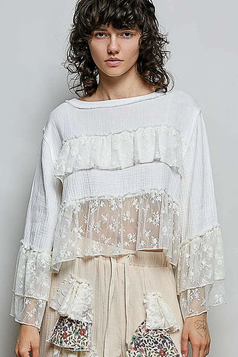 White lace ruffle blouse with round neck flared sleeve made of sheer double gauze fabric and textured layers