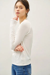 White modal raglan sleeve layering basic top with long sleeves soft stretchy fabric and subtle ruching detail