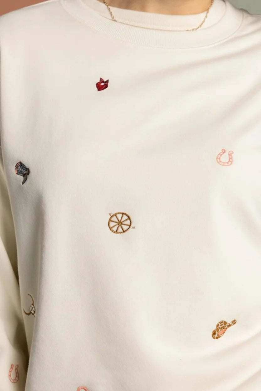 White Thread & Supply road trip sweatshirt with embroidered patches