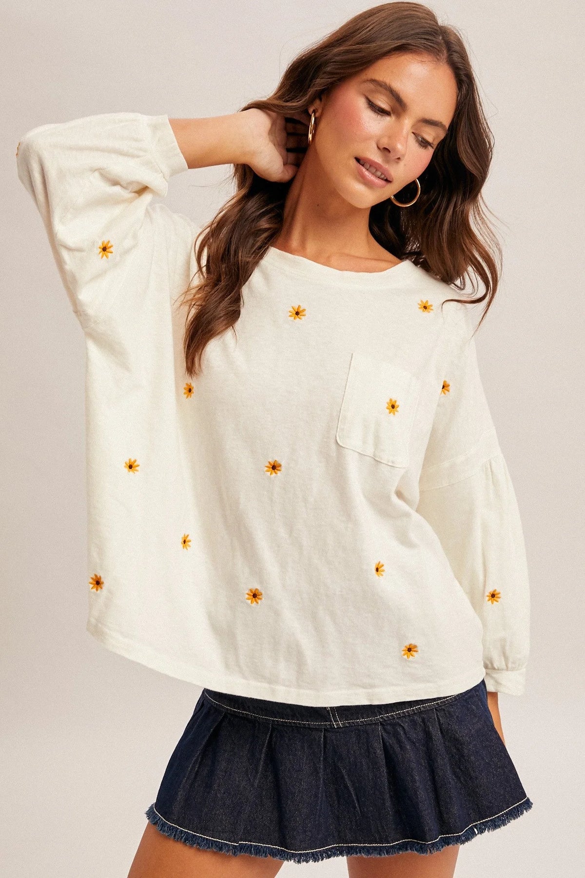 Daisy embroidered long sleeve top with yellow floral embroidery