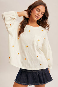 Daisy embroidered long sleeve top with yellow floral embroidery