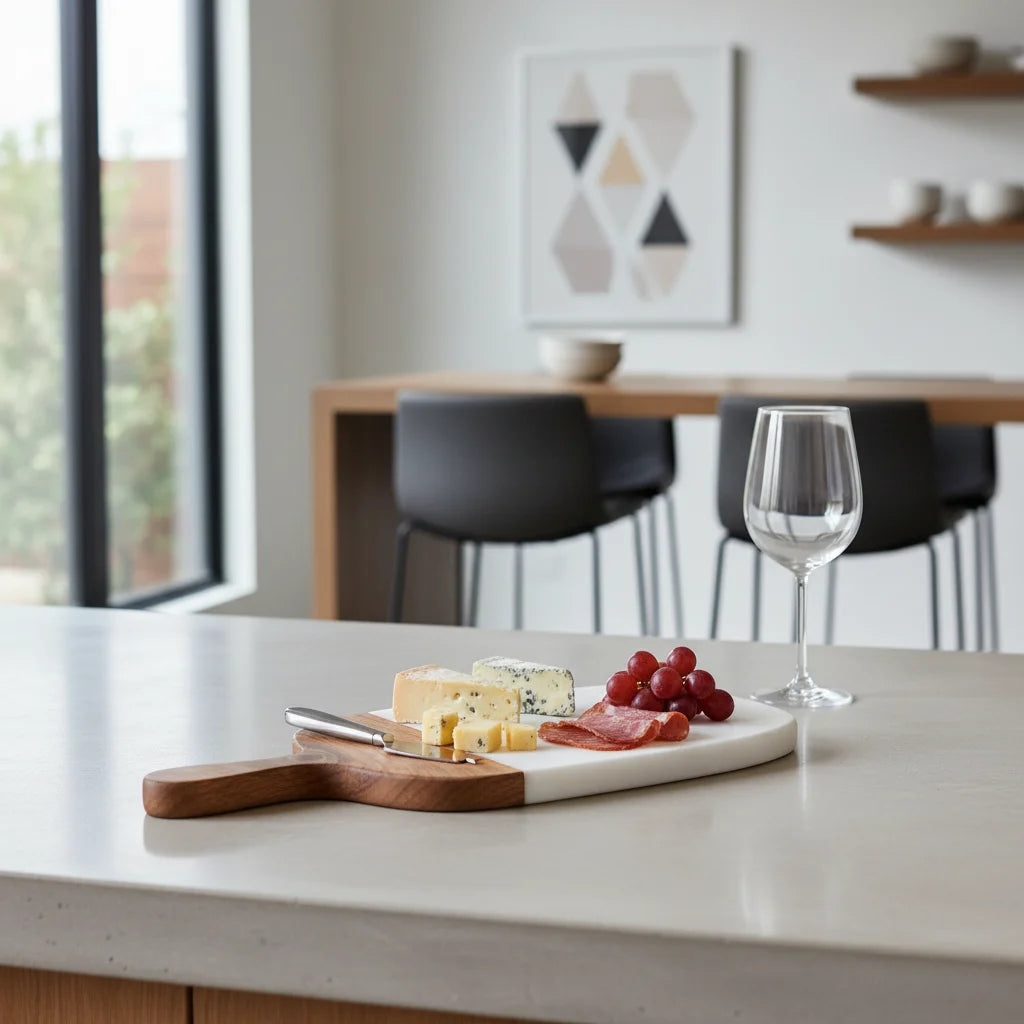 Elegant marble cheese board with wood handle for cheese and grapes