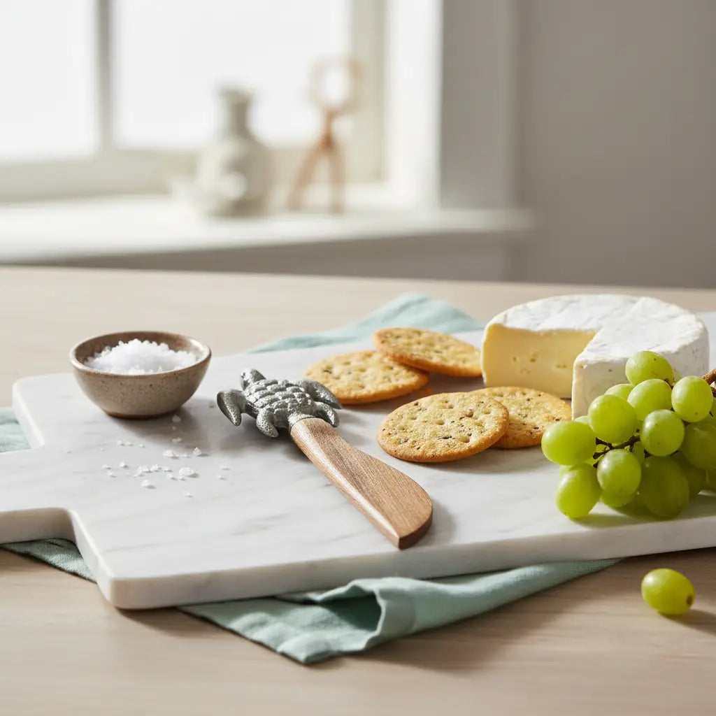 Decorative sea turtle spreader knife on white marble cheese board