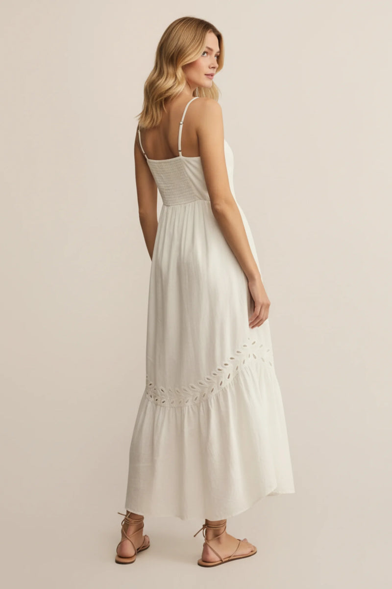 Embroidered linen maxi dress with eyelet hem detailing