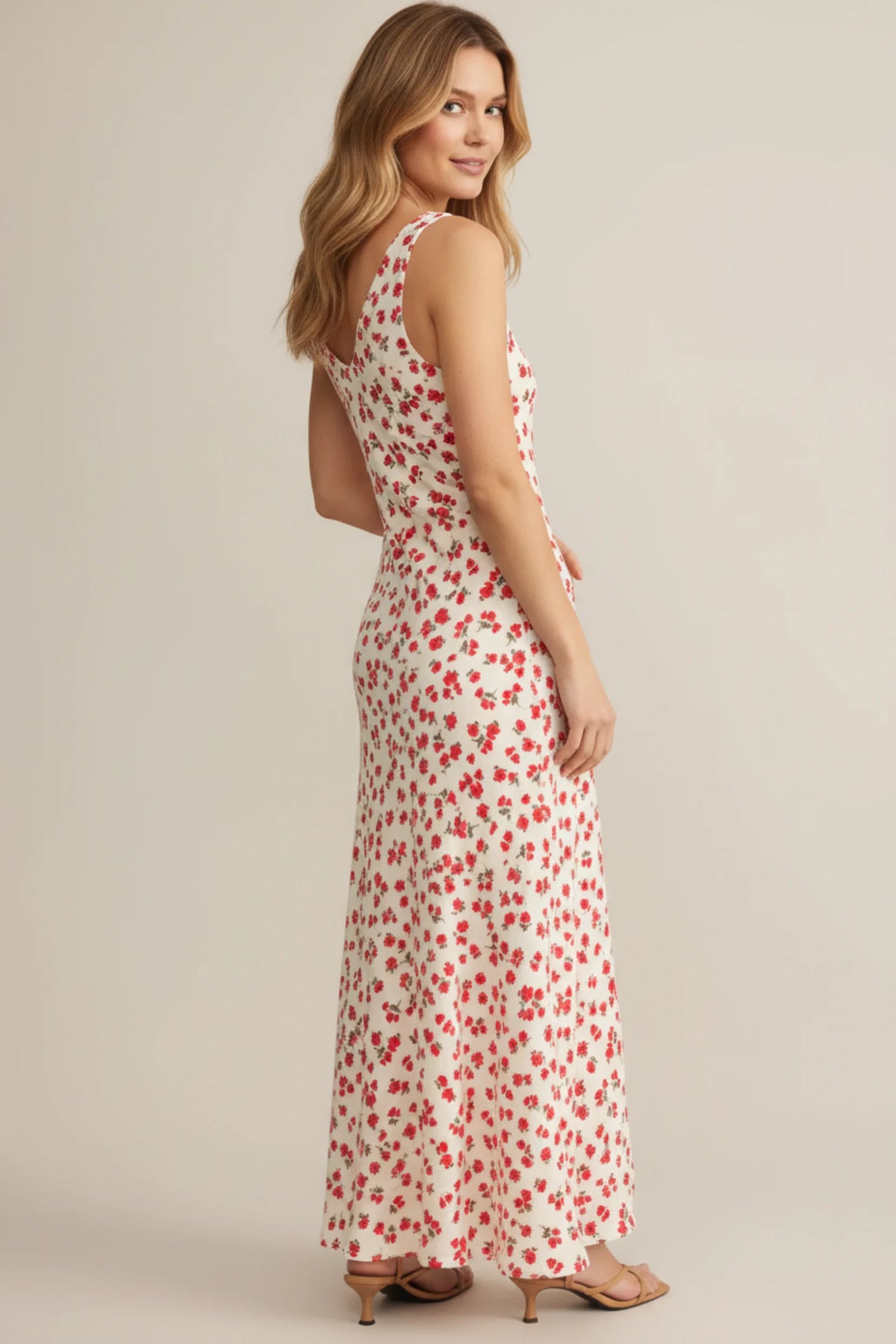 V neck floral midi dress with flowing white fabric and red flower pattern
