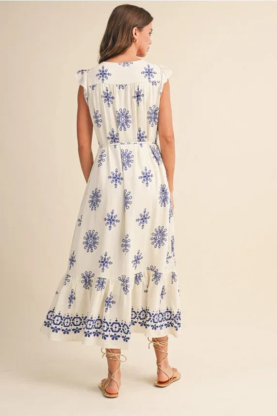 Belted border print flutter sleeve midi dress with blue floral embroidery