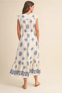 Belted border print flutter sleeve midi dress with blue floral embroidery
