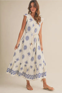 Belted border print flutter sleeve midi dress with blue floral embroidery