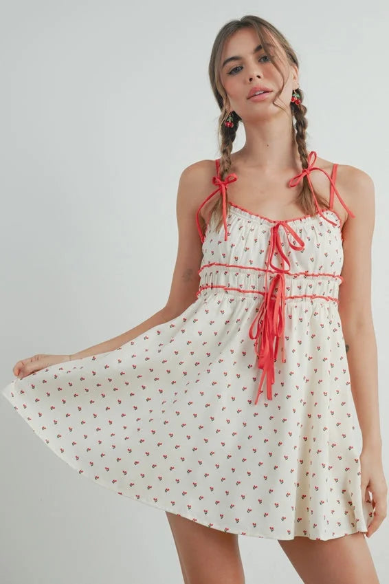 Printed tie front mini dress with red cherry print for women’s boho chic clothing