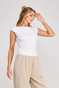White sleeveless boat neck scrunch tank top with off-the-shoulder ruched fitted silhouette