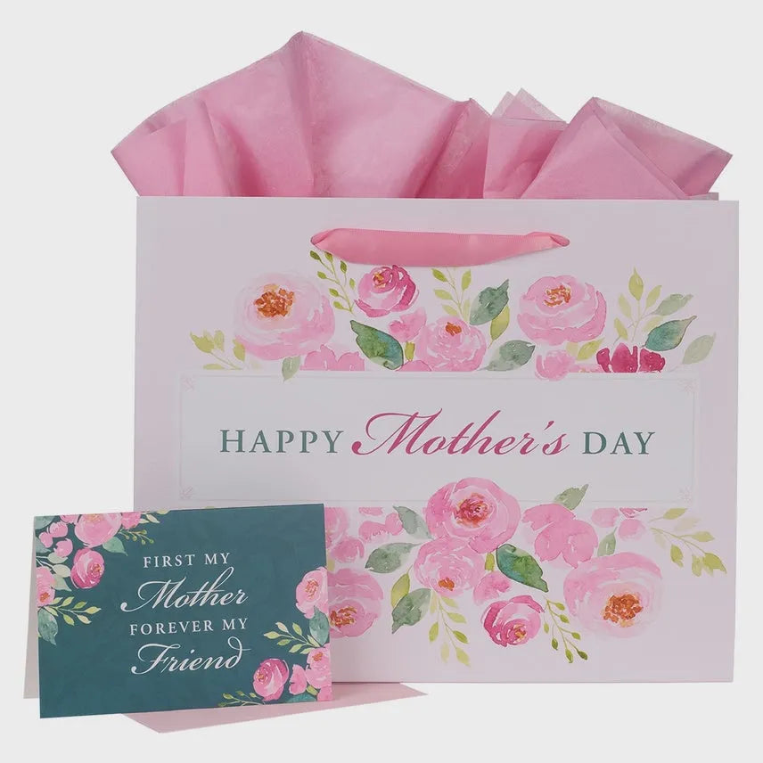 White paper landscape gift bag with pink watercolor roses and happy mothers day message for mothers day gifts