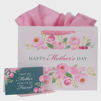 White paper landscape gift bag with pink watercolor roses and happy mothers day message for mothers day gifts