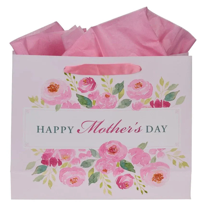 White paper landscape gift bag with pink and green floral design and happy mothers day text for mother’s day gift bag