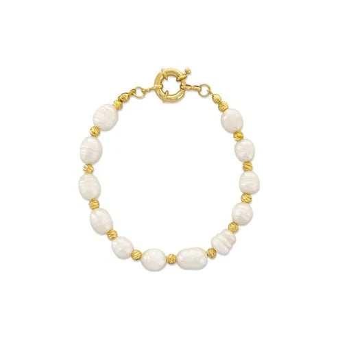 Genuine pearl bracelet featuring white pearls and gold-tone beads with a toggle clasp for elegant wear