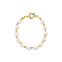 Genuine pearl bracelet featuring white pearls and gold-tone beads with a toggle clasp for elegant wear