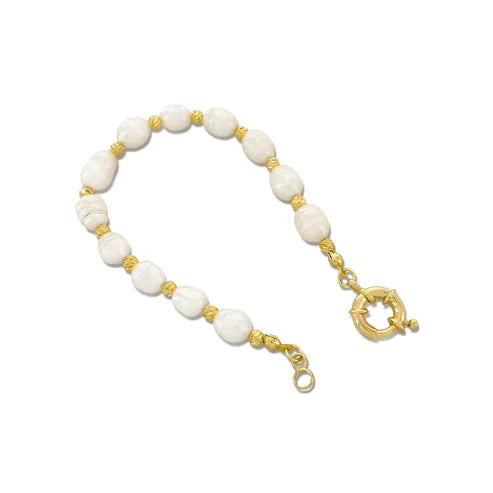 Genuine pearl bracelet featuring white pearl-like beads strung with gold-toned metal accents and a matching toggle clasp