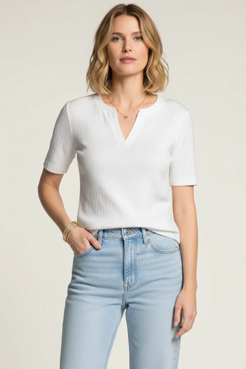 White Thread and Supply ribbed knit short sleeve v-neck top