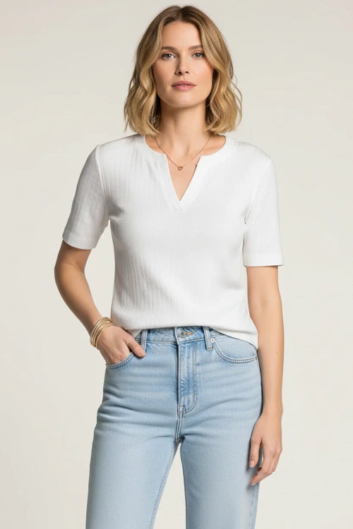 White Thread and Supply ribbed knit short sleeve v-neck top