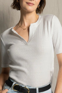 White Thread and Supply ribbed knit short sleeve V-neck top with dots