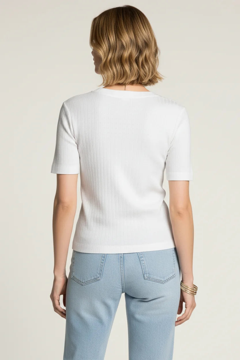 White Thread And Supply ribbed knit short sleeve V-neck top