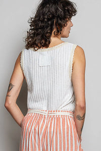 White textured rib tank top with delicate lace trim along the neckline and armholes for a boho look