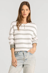 White ribbed ely sweater with black horizontal stripes and textured cuffs from thread and supply ely sweater collection