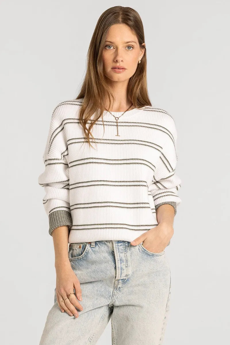 White ribbed ely sweater with black horizontal stripes and textured cuffs from thread and supply ely sweater collection