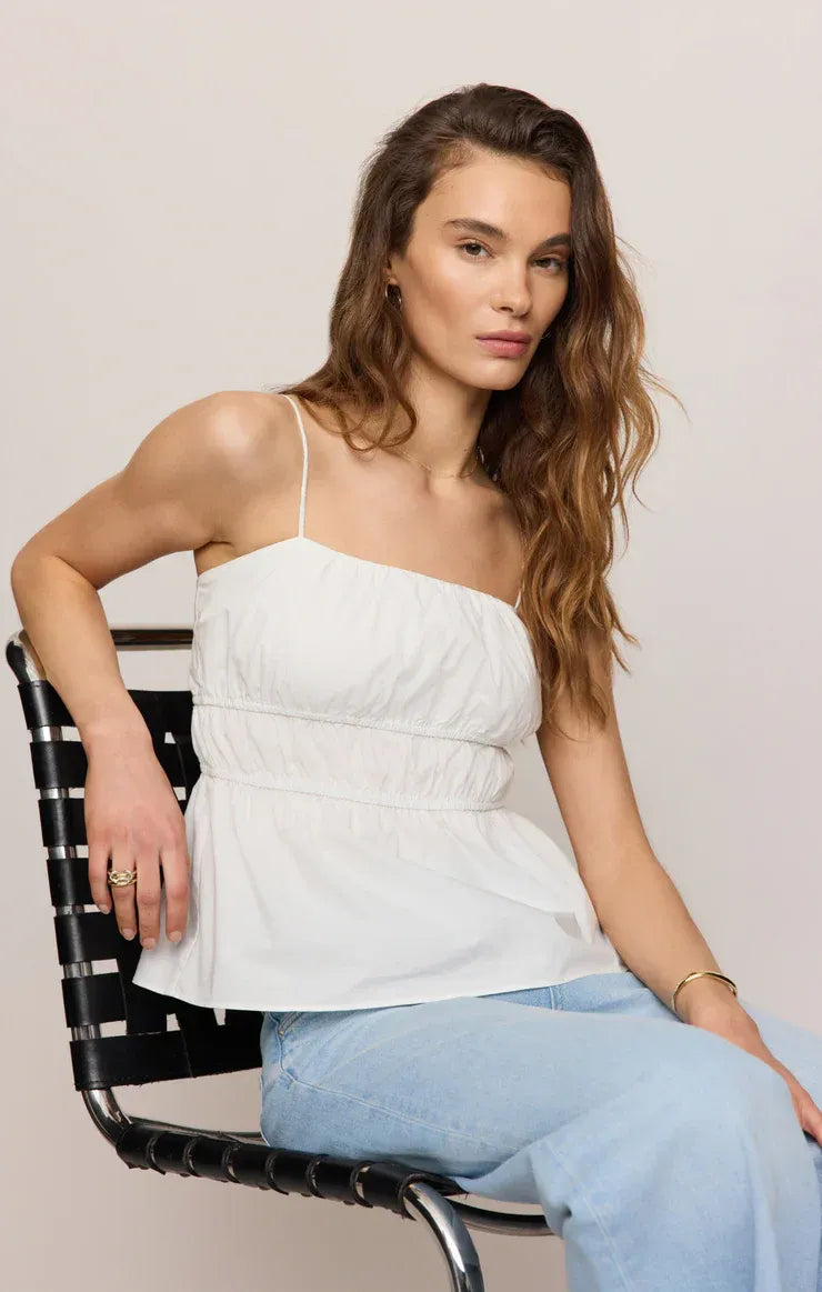 White ruched spaghetti strap adele back tie top showcasing womens boho clothes from shop daisy collection