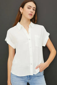 White solid short sleeve button down blouse with collar and chest pocket high low shirt for casual wear
