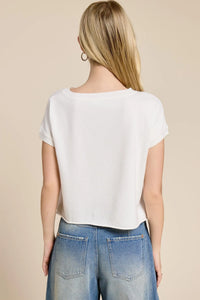 White short sleeve tee with lightweight knit short fabric and relaxed fit featuring a rounded neckline